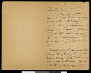 Henry Blake Fuller, letter, 1917-11-09, to Hamlin Garland