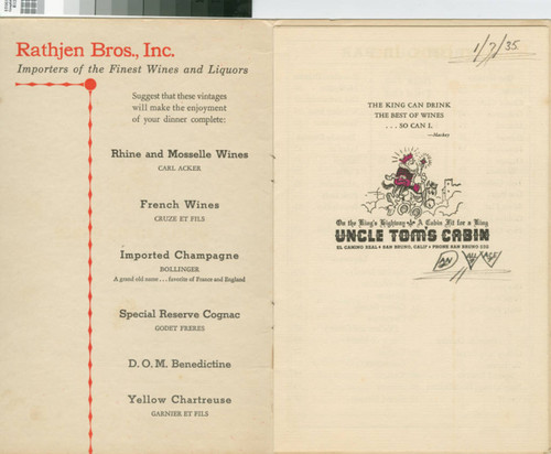 Wine card for Uncle Tom's Cabin, ca. 1935