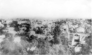 Panoramic view looking east toward Broadway and 3rd Street, ca.1885