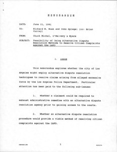 Feasibility of using alternative dispute resolution methods to resolve citizen complaints against the LAPD, 1989 - 1991 June 21