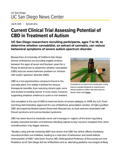 Current Clinical Trial Assessing Potential of CBD in Treatment of Autism