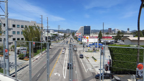 Intersection of Olympic Boulevard and Bundy Drive looking north from Expo Line Expo/Bundy station, April 28, 2017