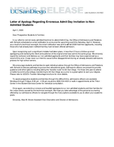 Letter of Apology Regarding Erroneous Admit Day Invitation to Non-Admitted Students