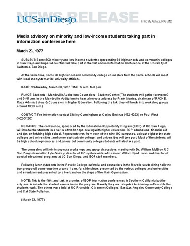 Media advisory on minority and low-income students taking part in information conference here