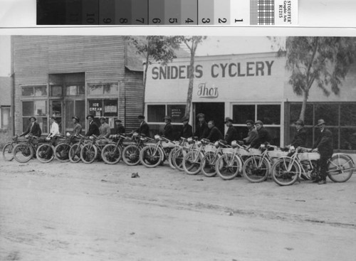 Sixteen Indian and or Thor motorcycles on display in Turlock, California, circa 1920