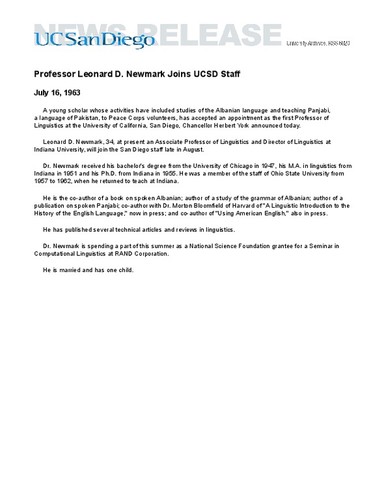 Professor Leonard D. Newmark Joins UCSD Staff