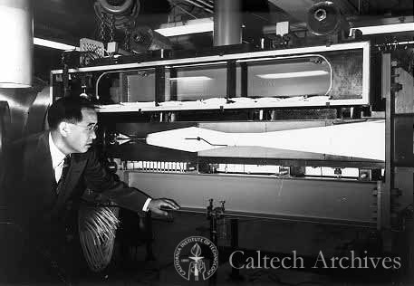Henry T. Nagamatsu inspecting test section of Hypersonic Wind Tunnel