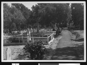 Cemetery with headstones separated by asphalt paths, ca.1920