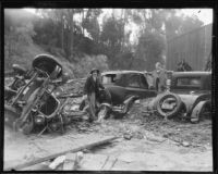 Cars marooned by flood debris outside Bohemian Gardens nightclub, Los Angeles, 1934