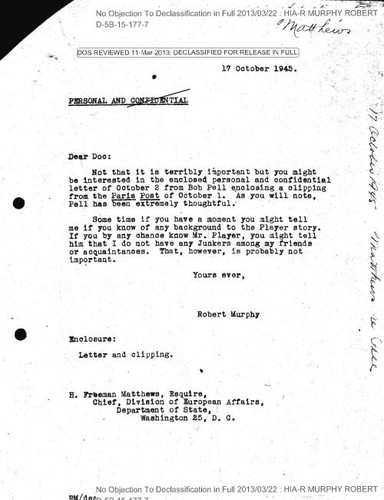 Robert Murphy letter to H. Freeman Matthews regarding letter from Bob Pell