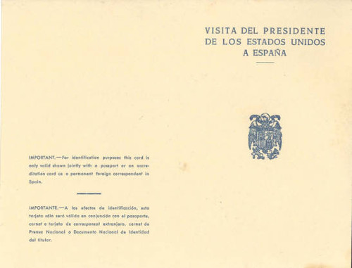 Ministry of Information and Tourism press identification card, President Eisenhower's 1959 trip to Spain