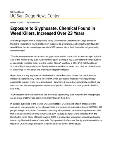 Exposure to Glyphosate, Chemical Found in Weed Killers, Increased Over 23 Years