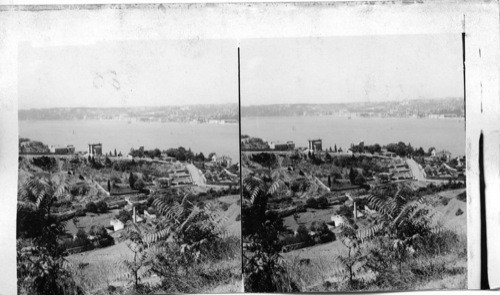 Turkish suburb in Asia, West over Bosporus to Sultan’s palace. Turkey