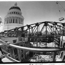 California State Capitol restoration project engineer John Worsley watched as workers cut, removed and replaced, in sections, three steel truss beams over the Assembly Chamber (north wing)
