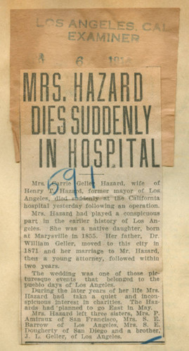 Mrs. Hazard dies suddenly in hospital