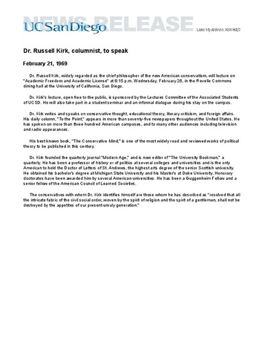 Dr. Russell Kirk, columnist, to speak