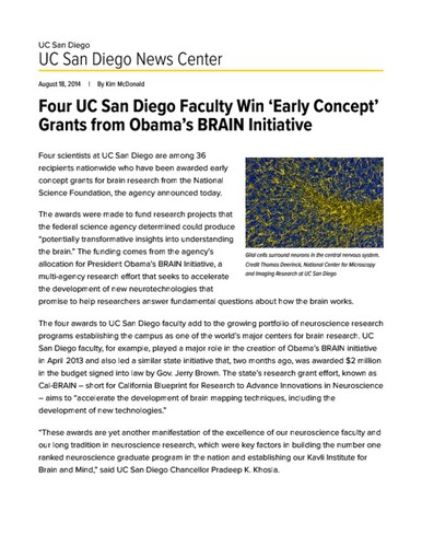 Four UC San Diego Faculty Win ‘Early Concept’ Grants from Obama’s BRAIN Initiative