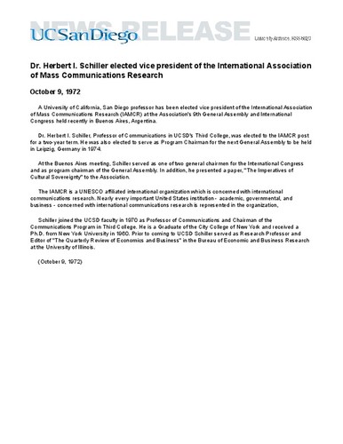 Dr. Herbert I. Schiller elected vice president of the International Association of Mass Communications Research