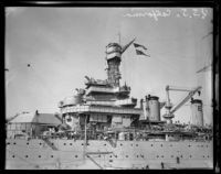 Close view of the of the USS California, flagship of the Navy's Pacific Fleet for 20 years, San Pedro