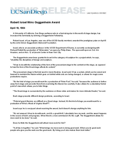 Robert Israel Wins Guggenheim Award