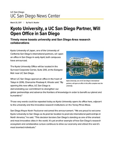 Kyoto University, a UC San Diego Partner, Will Open Office in San Diego