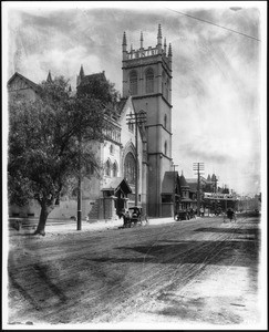 Exterior view of the First Congregational Church on Hope Street between 8th Street and 9th Street, Los Angeles, ca.1906