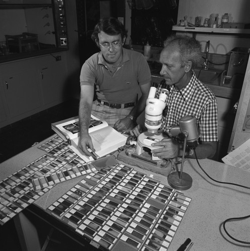 Foram Slide Study - Dr. William B.F. Ryan, left, of Lamont-Doherty Geological Observatory, and Dr. Hans M. Bolli, Geologisches Institut, E.T.H., Zurich, Switzerland, co-chief scientists on Leg 40 of the Deep Sea Drilling Project, inspect foraminifera slides in the Micropaleontological Lab aboard D/V Glomar Ghallenger. The fossil foraminifera were processed from sediments recovered from seven drill sites on Leg 40. Managing institution for DSDP is Scripps Institution of Oceanography under contract to the National Science Foundation