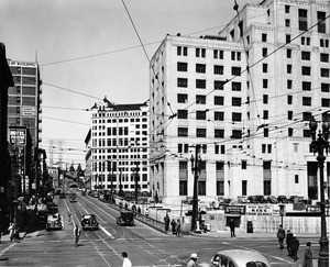 In Downtown Los Angeles facing north on Hill Street at West First Street in the heart of the Civic Center