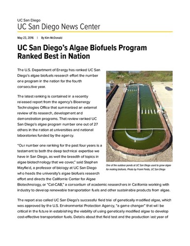 UC San Diego’s Algae Biofuels Program Ranked Best in Nation