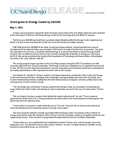 Grant given to Energy Center by SDG&E