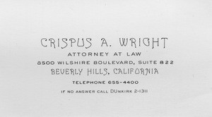Business card for Crispus A. Wright, attorney at law