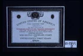 United States of America. This certifies that I. Ferris Lockwood, New York Public Library, New York, N.Y. has been appointed an authorized agent of the Treasury Department for the year ending December 31, 1918 to receive and issue at the cost pricesindicated thereon United States War-Savings Certificate Stamps and United States Thrift Stamps. W.G. McAdoo, Secretary of the Treasury