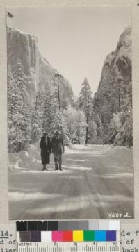 New snow makes a veritable fairyland of Yosemite for the benefit of our visitors from Vermont. Looking back from the Wawona Road towards El Capitan. 1935. Metcalf