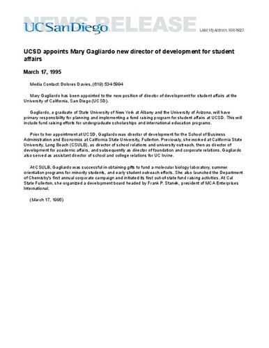 UCSD appoints Mary Gagliardo new director of development for student affairs