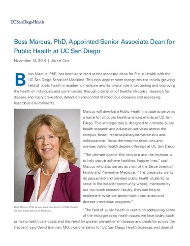 Bess Marcus, PhD, Appointed Senior Associate Dean for Public Health at UC San Diego