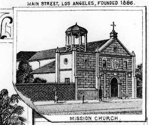 Drawing of the Plaza Church from Views of Los Angeles and Vicinity, California
