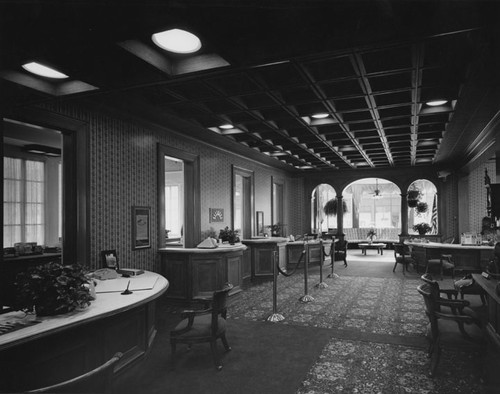 Interior view of the Dr. Julius Crane house on 518 N. Broadway after it was converted to the offices of Santa Ana First Federal Savings and Loan in 1978