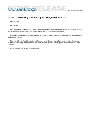 UCSD Listed Among Nation's Top 25 Colleges For Latinos