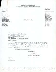 Letter to Richard M. Mosk from Warren Christopher, 1991-07-31