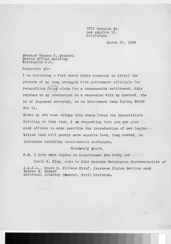 Letter, 1954 March 27, Los Angeles, Calif. to Senator Thomas H. Kuchel, Washington, D.C