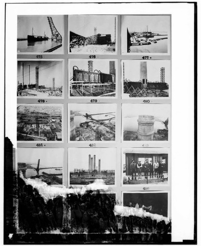 This is a multi-image negative that depicts construction of Long Beach Steam Plant. Undamaged images included on the plate are copies of original negatives: 02 - 00475; 02