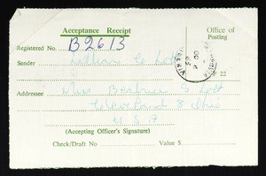 Registered receipt for mail delivery, Lott to Lott, Cleveland, 1965