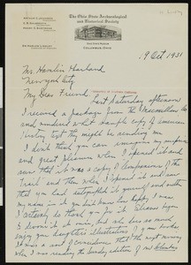 Harlow Lindley, letter, 1931-10-19, to Hamlin Garland