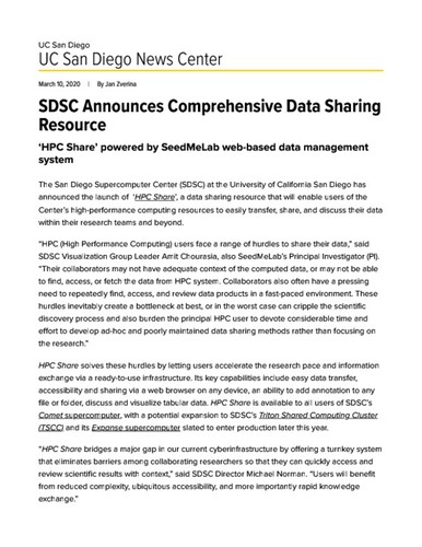 SDSC Announces Comprehensive Data Sharing Resource