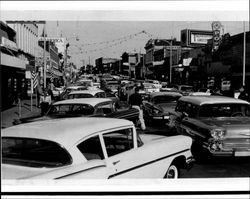 100 block of Petaluma Boulevard North crowded with cars, Petaluma, California, 1957