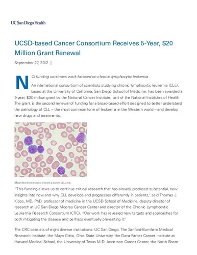 UCSD-based Cancer Consortium Receives 5-Year, $20 Million Grant Renewal