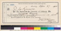 Receipt for Moffitt funds, from the UC Regents to Joseph Cummings Rowell