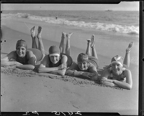 Young women posing on beach, Pacific Palisades, 1927