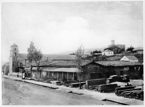 View of Mission San Buenaventura and early Ventura from east along Main Street, Ventura, California, ca.1885