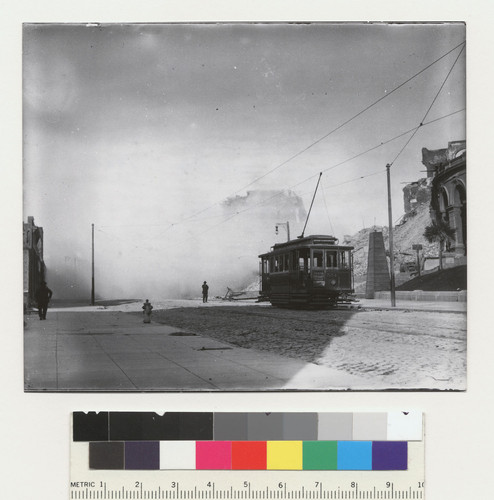 [Abandoned cable car near City Hall during fire.]